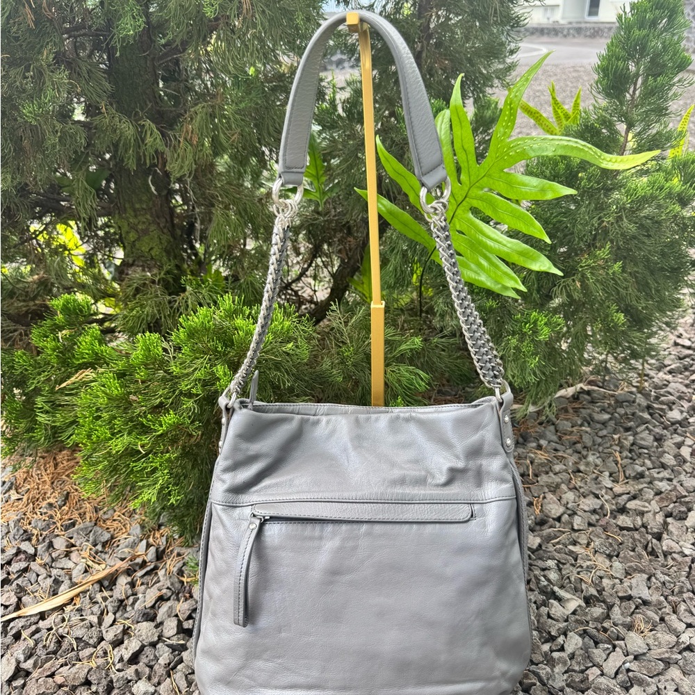 Sharif Gray Leather Studded Hobo Shoulder Bag with Chain Strap & Tassel - Picture 8 of 16